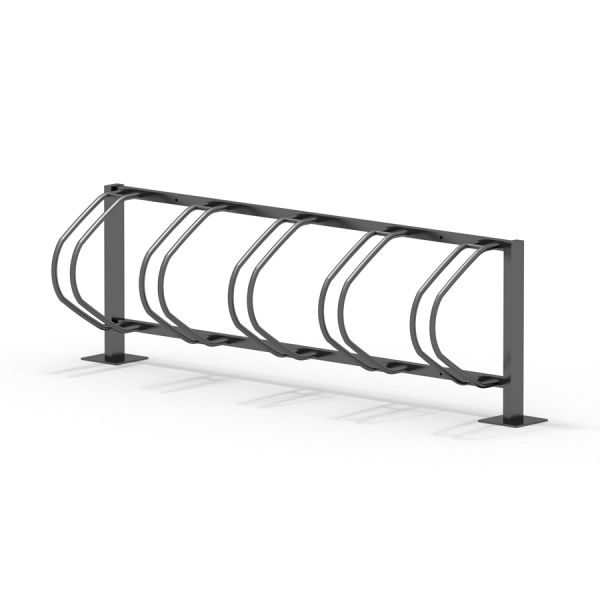 Sort cykelstativ til 5 cykler på hvid baggrund.