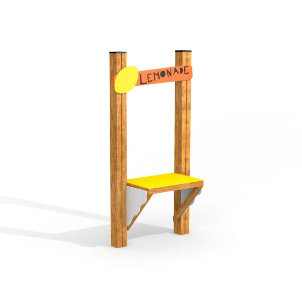 Træbod med gul sæde og lemonade skilt.