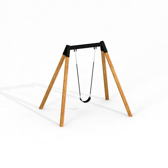 Flexi Seat Swing gyngestativ med træstel og sort sæde til legeplads.