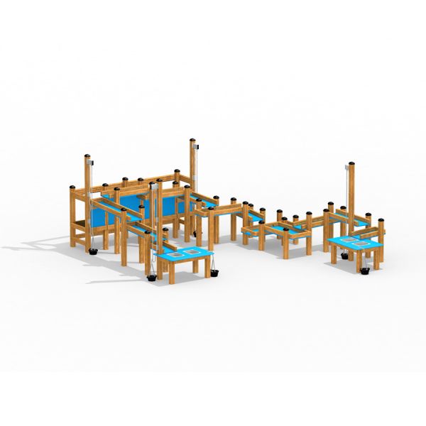Modulært Sand- og vandleg system til børn i træ med blå detaljer.