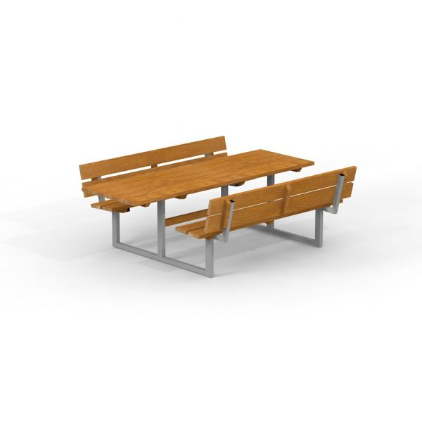 Picnic bænkebord i galvaniseret stål og lærketræ med plads til en kørestol