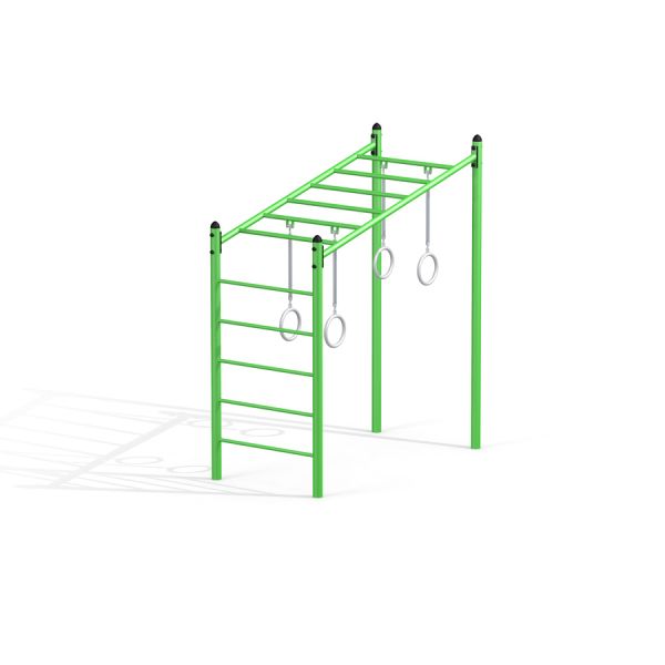 Grønne og hvide Monkey bars med ringe til børnelege på legepladsen.