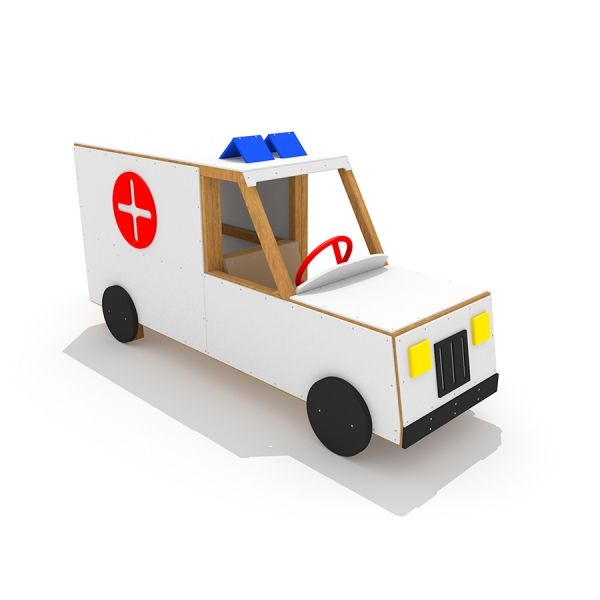 Børnelegetøjsambulance i træ med rødt kors og blåt lys.
