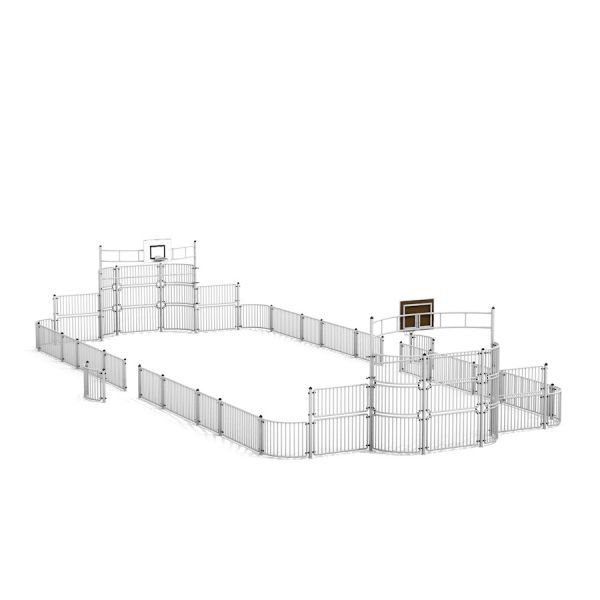 Sport Arena 9x20 m med hvidt gitter og basketballkurve.