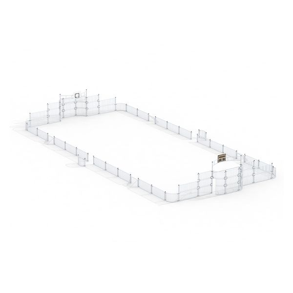 Sport Arena med mini-mål 14x31 meter, bærbart indendørs/fodboldbane med hvid markering og metalhegn.