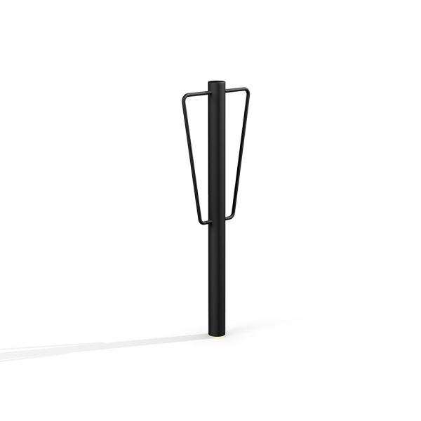 Sort cykelstativ i minimalistisk design på hvid baggrund.