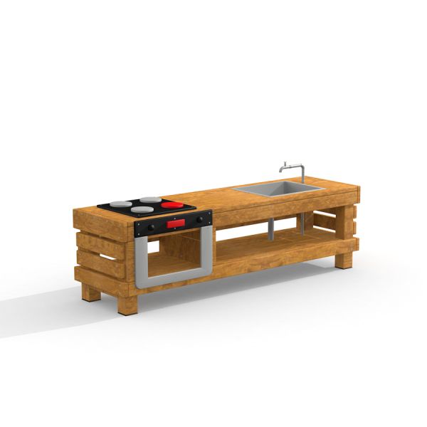 Køkken legebord med vandhane og kogeplader i trædesign.