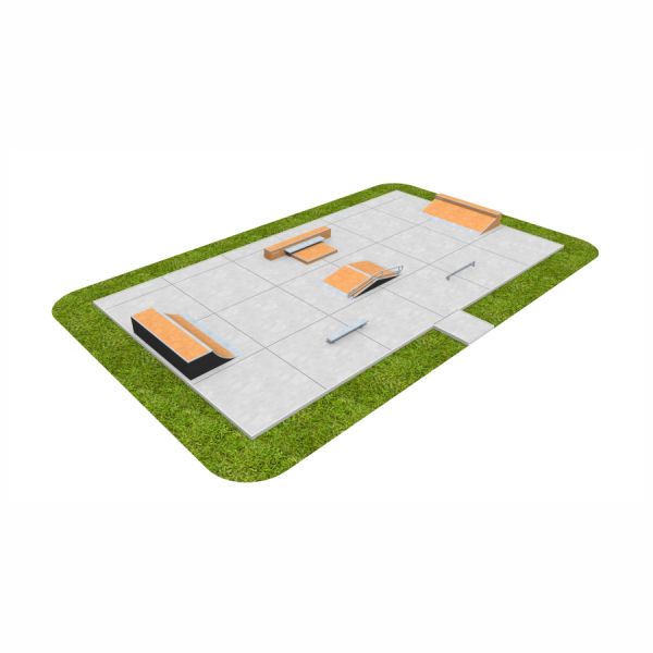 Skate Park 04 med grå betonplader og orange elementer på grønt græs