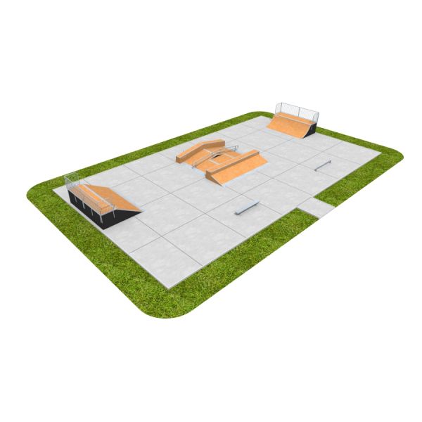 Moderne Skate Park 05 med forskellige ramper og skinner på kunstigt græs.