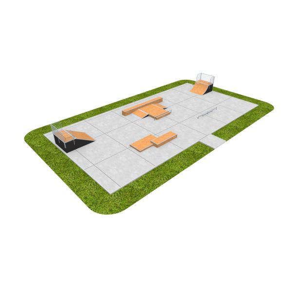 Moderne Skate Park 06 med græsgrønne rammer og forskellige skatehindringer på betonflade.