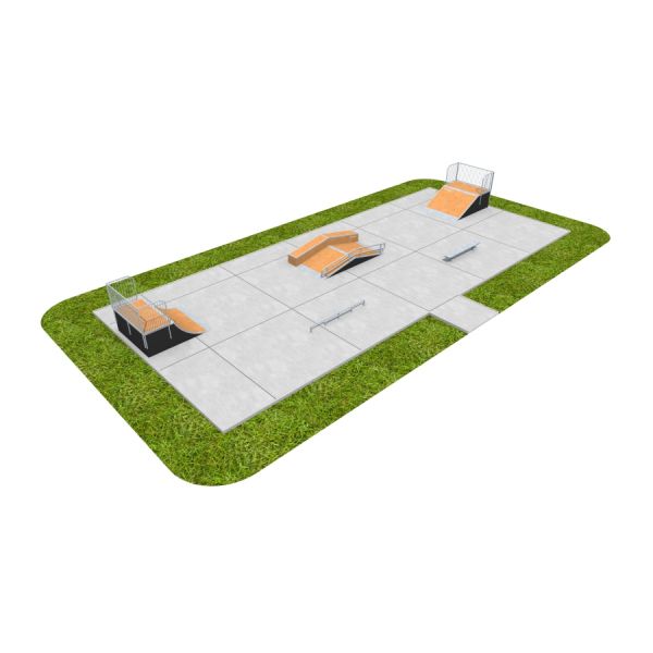 Moderne Skate Park 08 med ramper og rails på grønne omgivelser