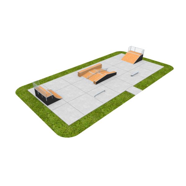 Moderne Skate Park 10 med forskellige rækværk og ramper på en betonflade omkranset af græs.