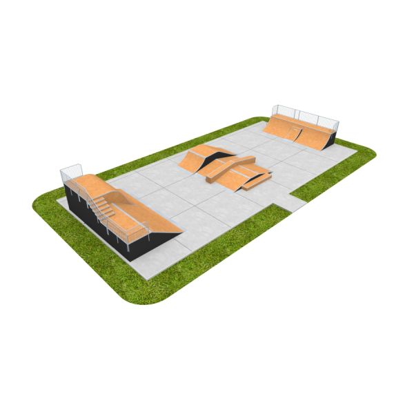 Moderne Skate Park 12 med ramper og gelændere på grønt græs.
