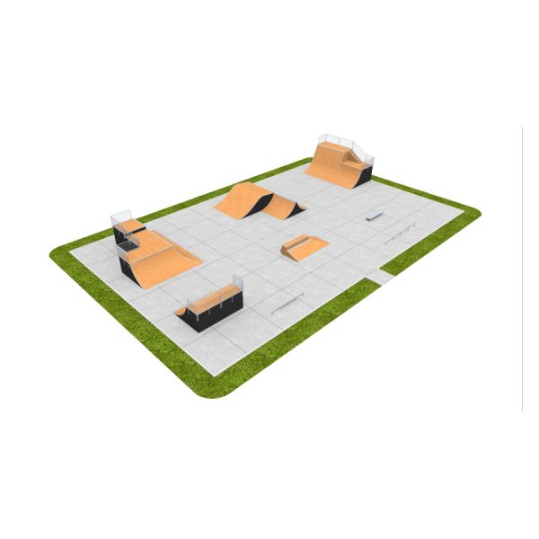 Moderne Skate Park 13 med forskellige ramper og skinnere til skøjteløb.