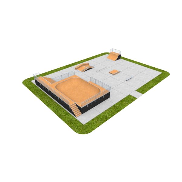 Moderne Skate Park 15 setup med forskellige ramper og sikkerhedshegn på græsunderlag.