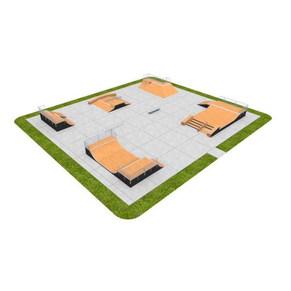 Moderne Skate Park 16 med forskellige ramper og forhindringer på grå fliser og grønt græs.