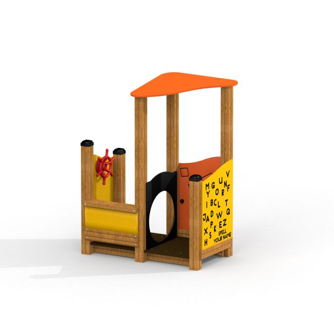 Børnelegehus 'Den lille kaptajns legehus' med klatrevæg og kikkert.