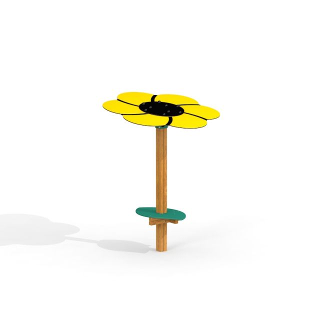 Legebord med solskygge formet som en gul blomst på en træpæl.