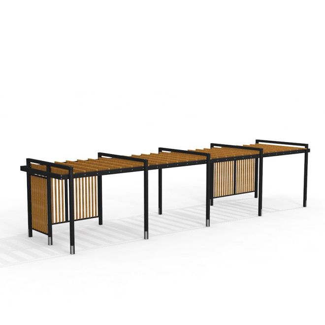 Pergola IV legepladsudstyr med sort metalramme og trælameller.