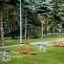 Rød vippe med stålstamme og fjedre på grønt græs i park.