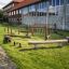 Trælegepladsudstyr Kongo – Robinia bro installeret på grønt græs ved skole.