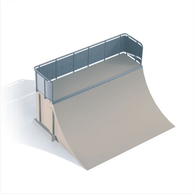Stor Quarter pipe til skateboard og rulleskøjter, med sikkerhedshegn.