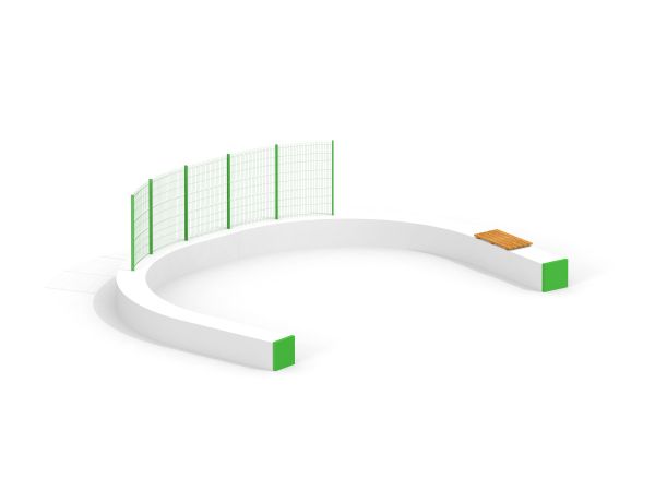 Hvid og grøn Multiarena legeudstyr med buet form og net.