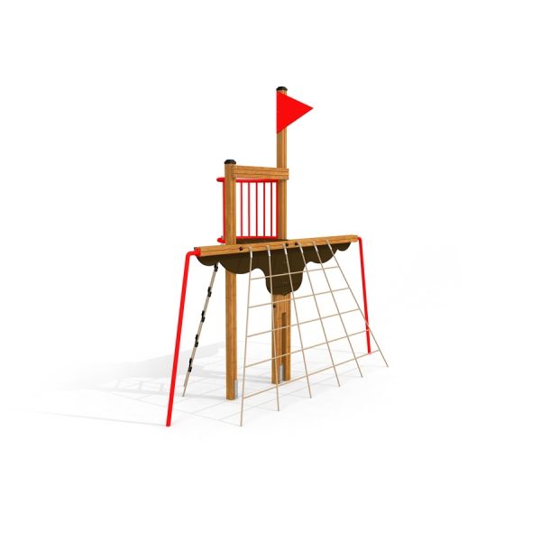 Mast - Klatrestativ med rød flag og rebnet.