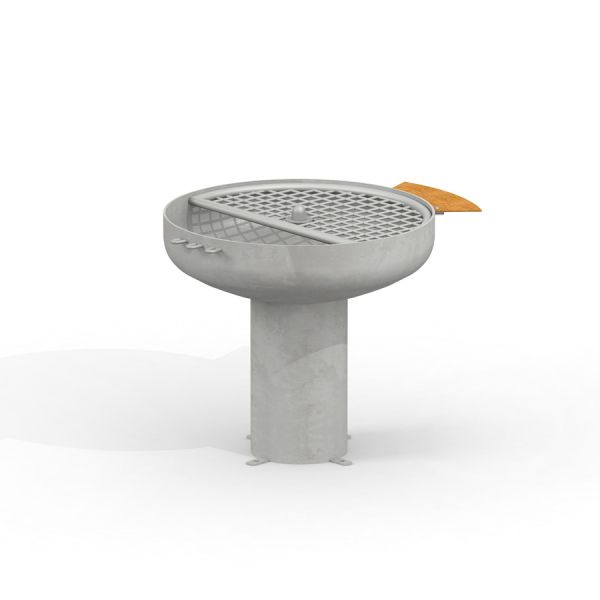 Moderne beton grill med træhåndtag på hvid baggrund.