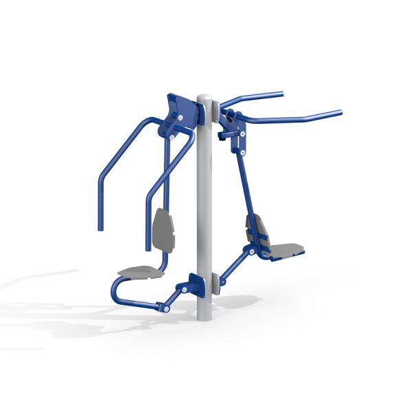 Blå Pull Down + Chest Press udendørs fitnessudstyr på hvid baggrund.