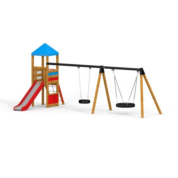 Legetårn med dækgynge og fugleredegynge 90 cm, rødt rutsjebane og blåt tag.